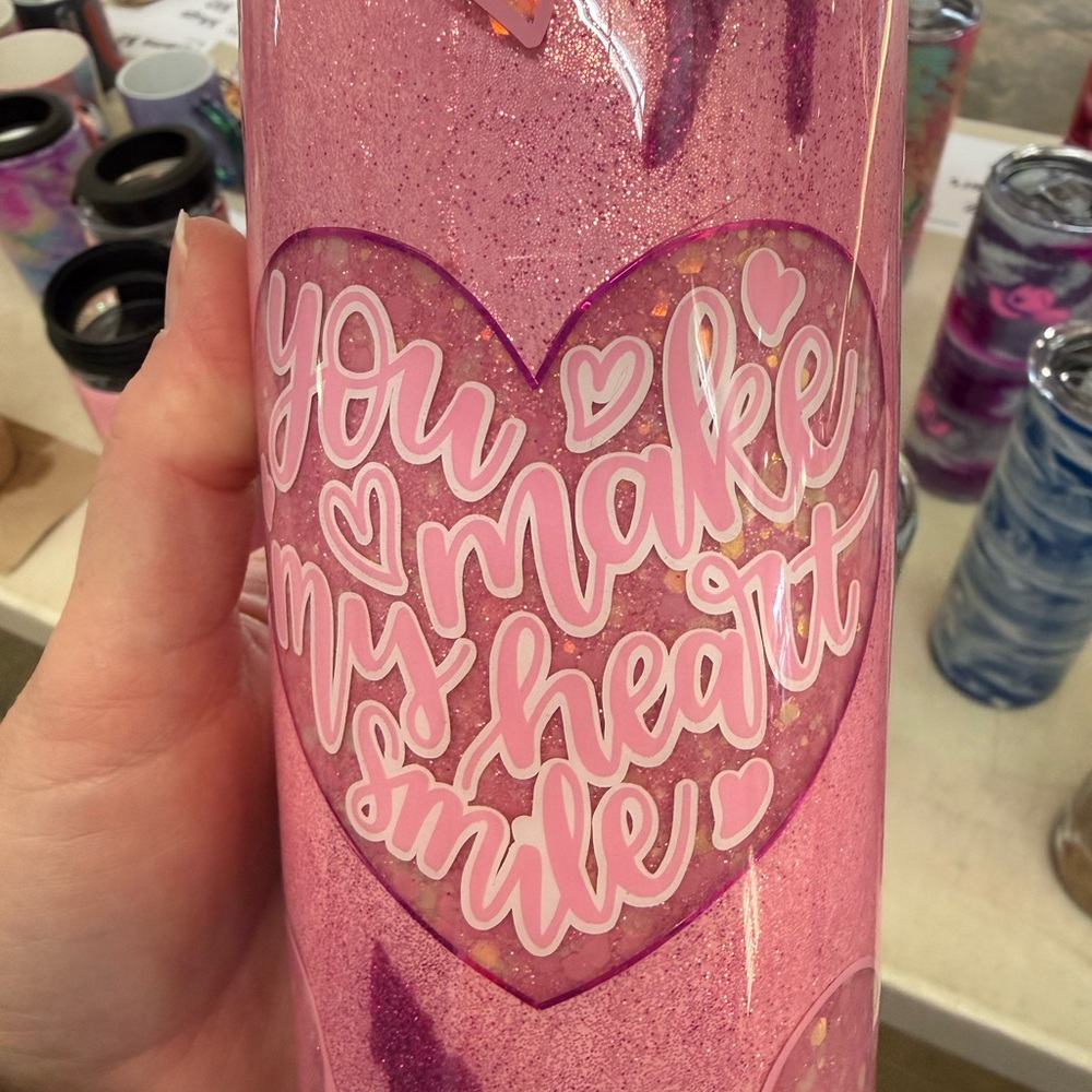 Pink Glitter Tumbler with Heart Design You Make My Heart Smile Handmade